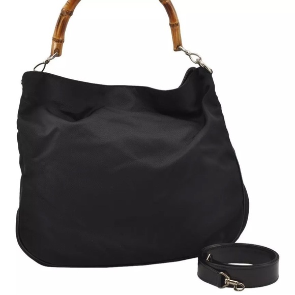 GUCCI Bamboo 2Way Shoulder Tote Bag Nylon Leather Black!! 🖤👜 - Picture 1 of 16